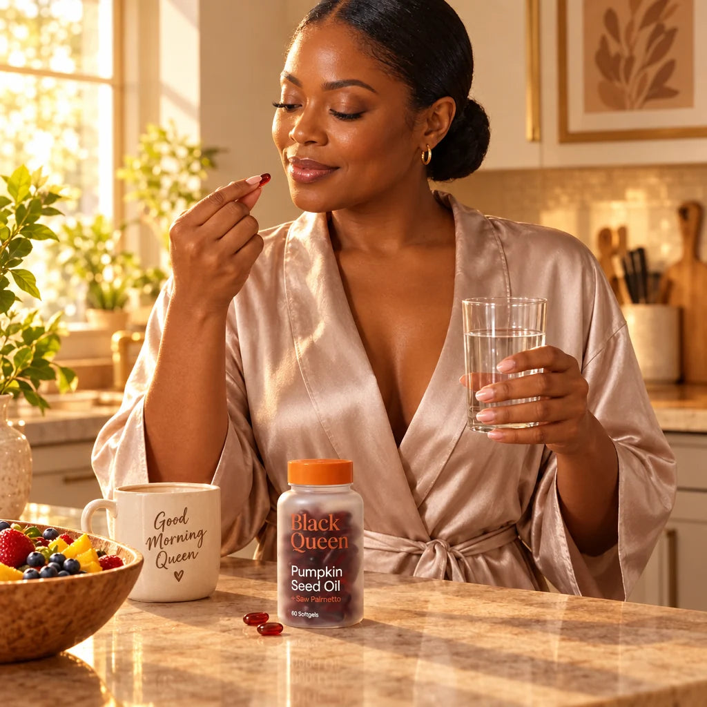 Black woman enjoying her morning routine with full hair